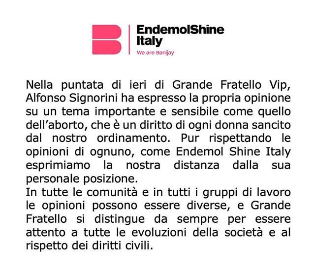 Il comunicato stampa diffuso da Endemol Italia, che produce il reality per Mediaset